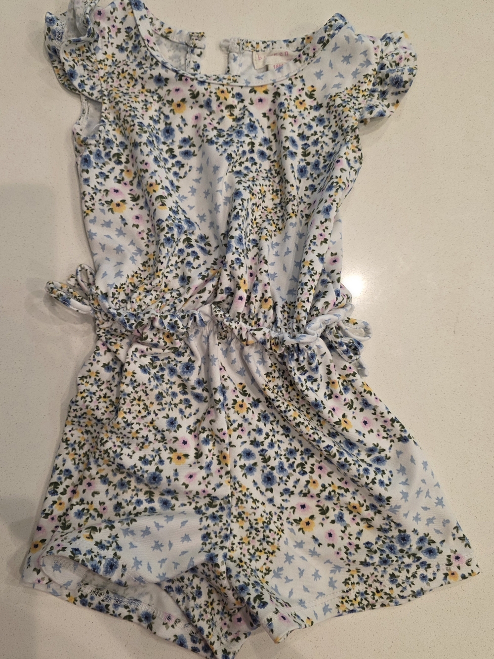 btween White Floral Ruffle Tie-Waist Romper with Blue and Pink Accents